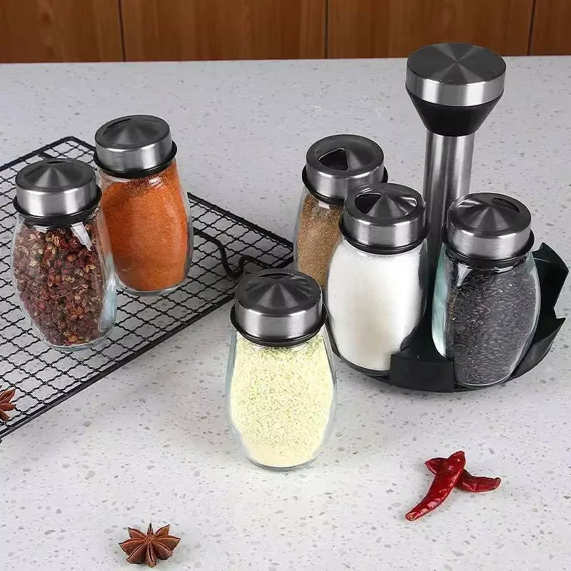 7Pcs Spice Jar Set Rack Glass Organizer Rotating Glass Seasoning Sugar Pepper Bottles Salt Shakers Holder Kitchen Storage Rack