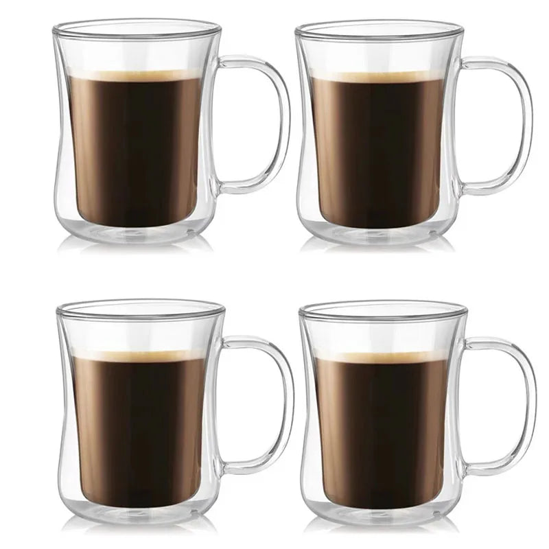 1-4Pcs Double Wall Glass Espresso Cups Clear Coffee Mug with Handle for Hot Cold Beverage Wine Milk Juice Drinkware Set