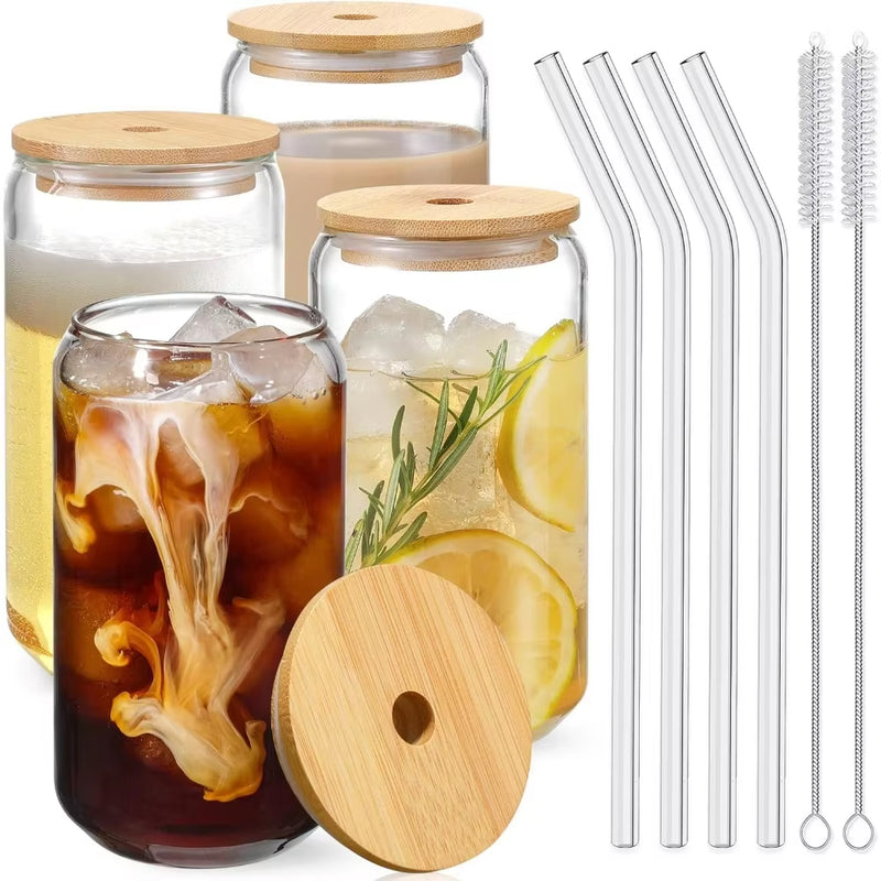 4PCS Glass Cups with Bamboo Lids and Straws 550ML Ice Coffee Cup Drinking Cup Set with Wooden Lids Home Essential Glass