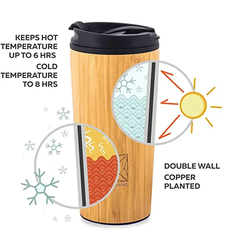 450Ml Bamboo Coffee Cup Stainless Steel Thermos Water Bottle Flip Lid Eco-Friendly Travel Cup Portable for Retirement Gift