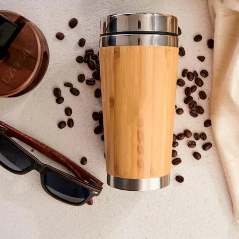 450Ml Bamboo Coffee Cup Stainless Steel Thermos Water Bottle Flip Lid Eco-Friendly Travel Cup Portable for Retirement Gift