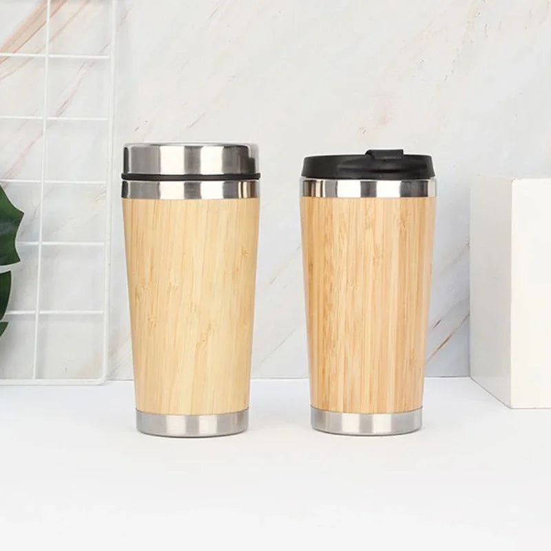 450Ml Bamboo Coffee Cup Stainless Steel Thermos Water Bottle Flip Lid Eco-Friendly Travel Cup Portable for Retirement Gift