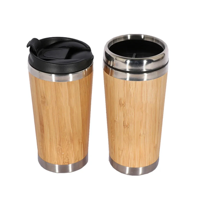 450Ml Bamboo Coffee Cup Stainless Steel Thermos Water Bottle Flip Lid Eco-Friendly Travel Cup Portable for Retirement Gift