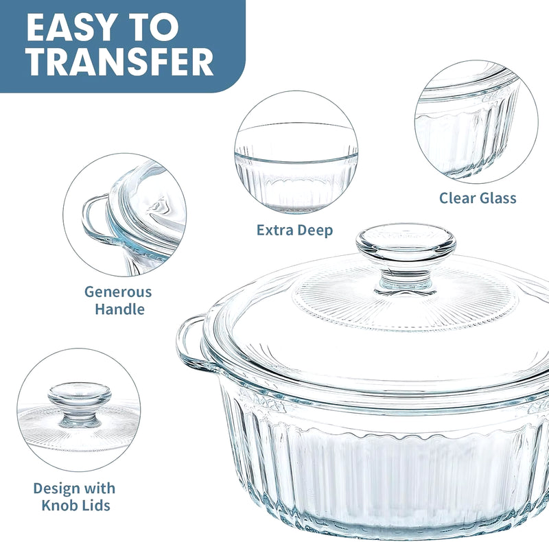 4-Piece Glass Casserole Baking Dish, Set of 2 Casseroles with Glass Lids, 1.7 Qt and 2.5 Qt, Round