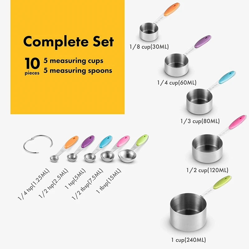 10Pcs Stainless Steel Measuring Set Stackable Measuring Cups Measuring Spoons Set 