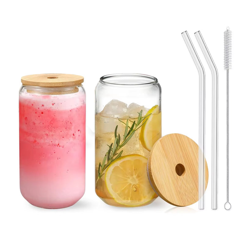 4PCS Glass Cups with Bamboo Lids and Straws 550ML Ice Coffee Cup Drinking Cup Set with Wooden Lids Home Essential Glass