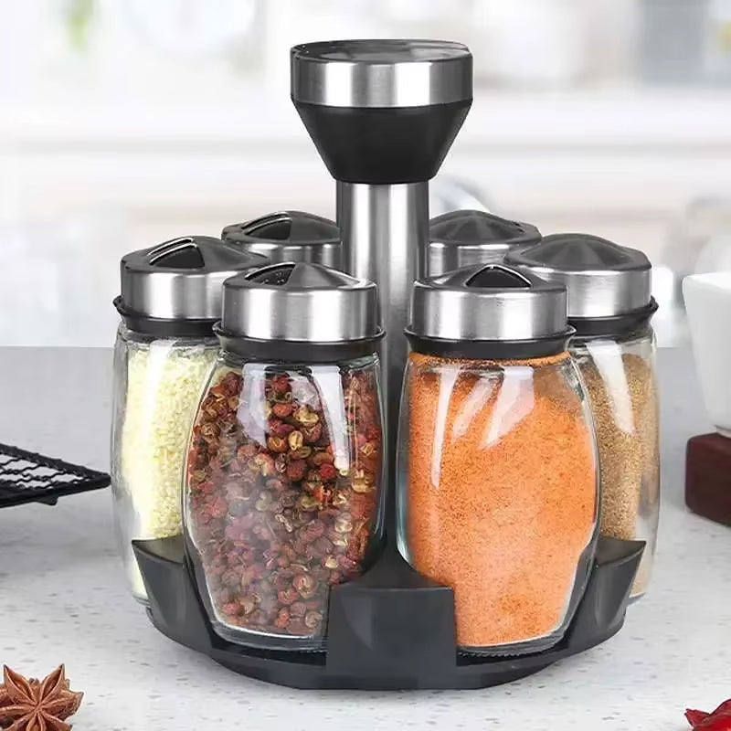 7Pcs Spice Jar Set Rack Glass Organizer Rotating Glass Seasoning Sugar Pepper Bottles Salt Shakers Holder Kitchen Storage Rack