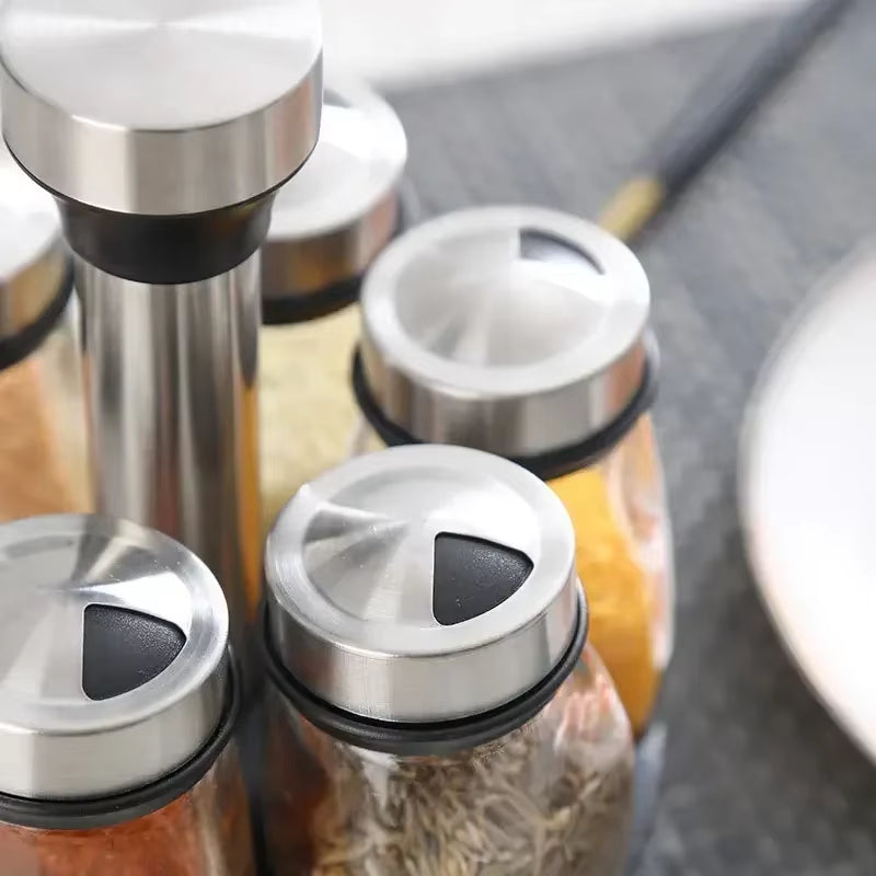 7Pcs Spice Jar Set Rack Glass Organizer Rotating Glass Seasoning Sugar Pepper Bottles Salt Shakers Holder Kitchen Storage Rack