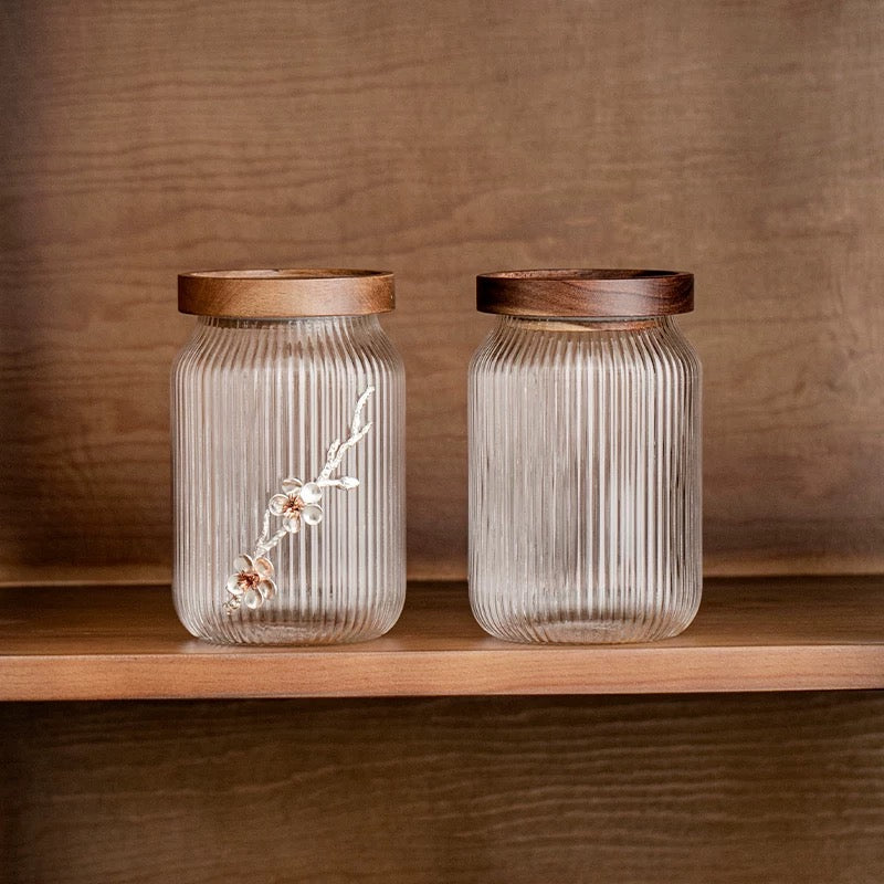 4 Pack Striped Glass Storage Jar Modern Sealed Multifunctional Food Storage Container Wooden Lid