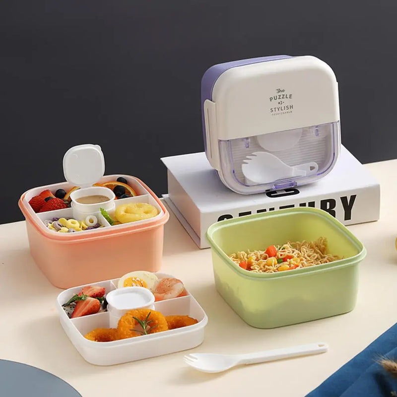 1100Ml Lunch Box with Spoon Fork Double Layer Buckle Closure Thermal Insulation Cold Preservation Compartment Bento Box