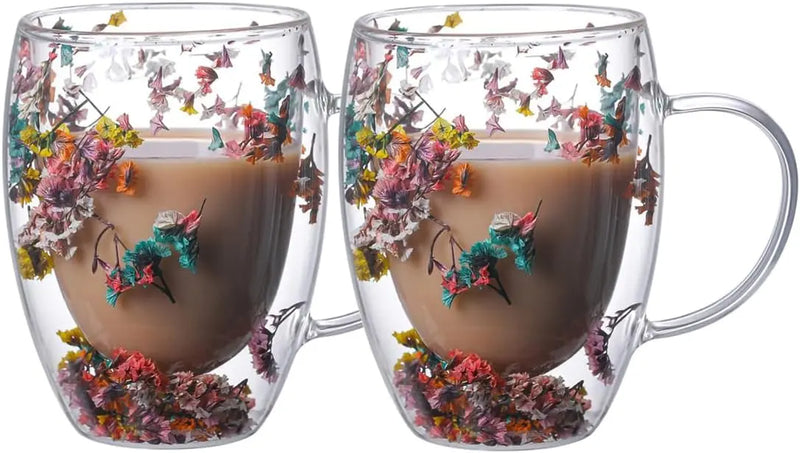 2PCS Double-Layer Glass Cup  Dry Flower Coffee Mugs Coffee Juice Milk Beer Wine Whiskey Glasses Cups