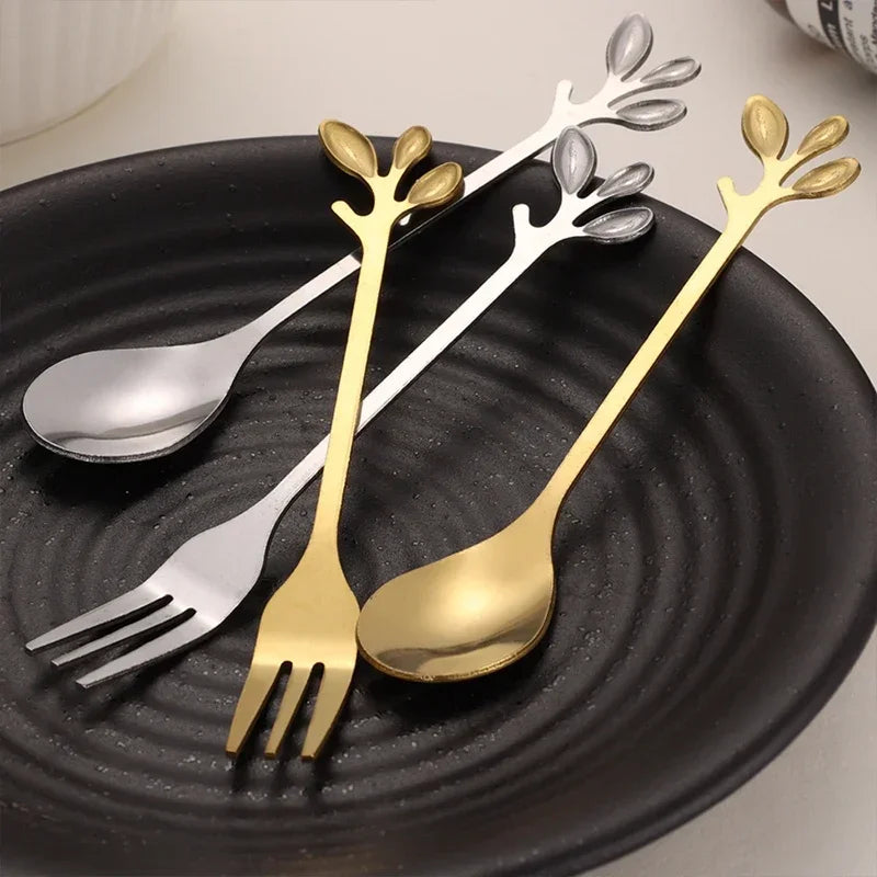 4/8Pcs Leaves Coffee Spoons Creative Stainless Steel Dessert Ice Cream Scoop Coffee Tea Stirring Spoon