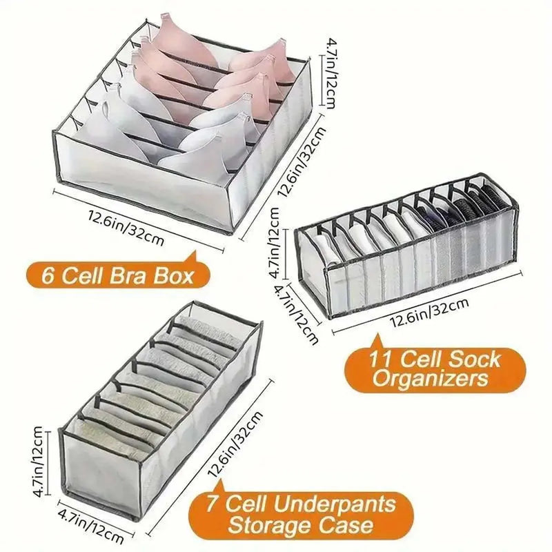 3Pc Underwear Storage Box Transparent Mesh Clothes Storage Box Multi-Grid Foldable Drawer Organizer