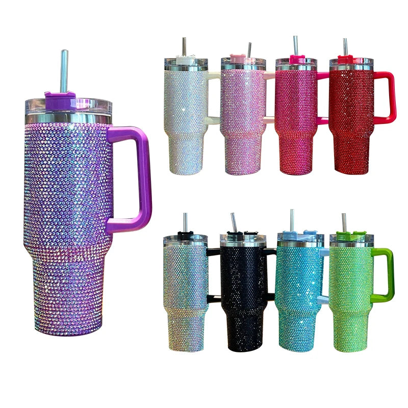 40Oz Diamond Thermos Cup with Handle Coffee Insulated Bottle Stainless Steel Car Vacuum Flasks 