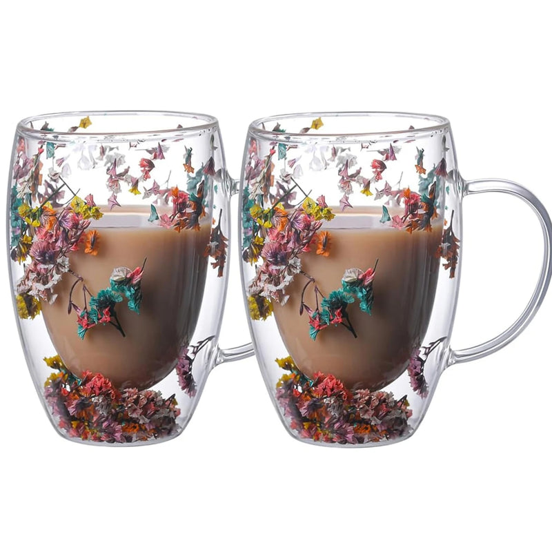 2PCS Double-Layer Glass Cup  Dry Flower Coffee Mugs Coffee Juice Milk Beer Wine Whiskey Glasses Cups