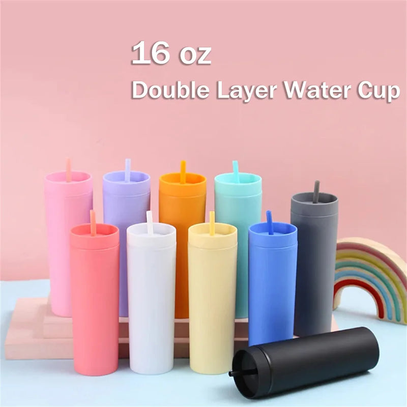 16Oz Tumbler Straws Cup with Lids Drinkware Fruit Juice Bottle Double Wall Plastic Cups Can 