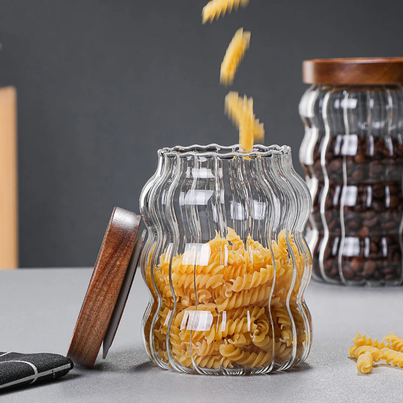 Kitchen Glass Storage Jar Glass Container Wooden Lid Sealed Candy Food Jar Container Bottle Coffee Bean Pasta Grain Oatmeal Jar