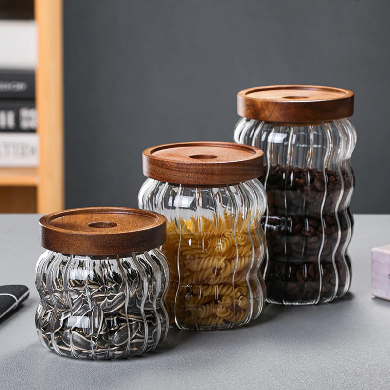 Kitchen Glass Storage Jar Glass Container Wooden Lid Sealed Candy Food Jar Container Bottle Coffee Bean Pasta Grain Oatmeal Jar