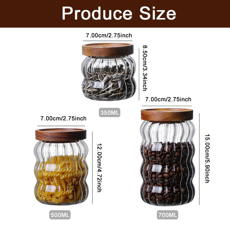 Kitchen Glass Storage Jar Glass Container Wooden Lid Sealed Candy Food Jar Container Bottle Coffee Bean Pasta Grain Oatmeal Jar