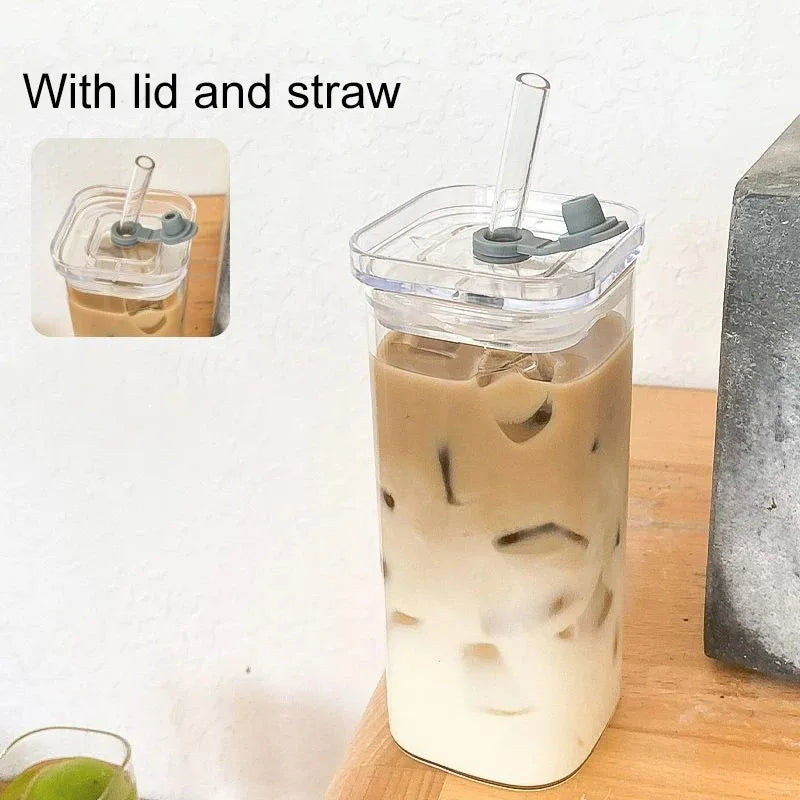 Square Heat Resistant Coffee Glass Cup with Lid and Straw Transparent Milk Tea Juice Cups Coffee Mug