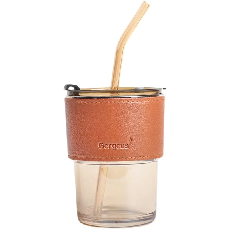 380Ml Glass Straw Cup with Insulation Cover  Coffee Tea Juice Straw Water Cup 