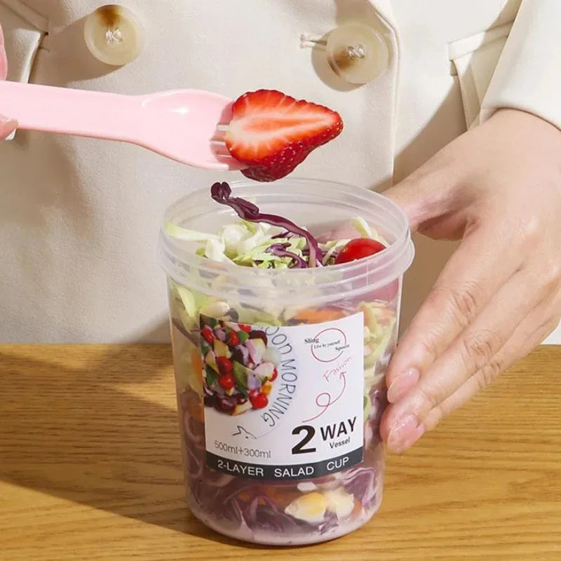 Breakfast Fruit Oat Yogurt Salad Cup with Lid Spoon Two Layer Food Storage Portable Fitness Weight Reducing Food Storage Cup