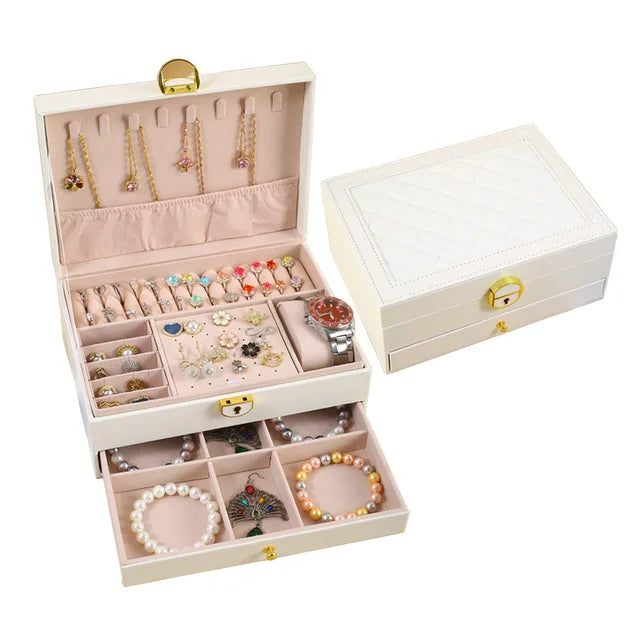 Diamond Lattice Double Drawer Jewelry Storage Box European Style Jewelry Box Bedroom Dressing Table High-End Jewelry Box