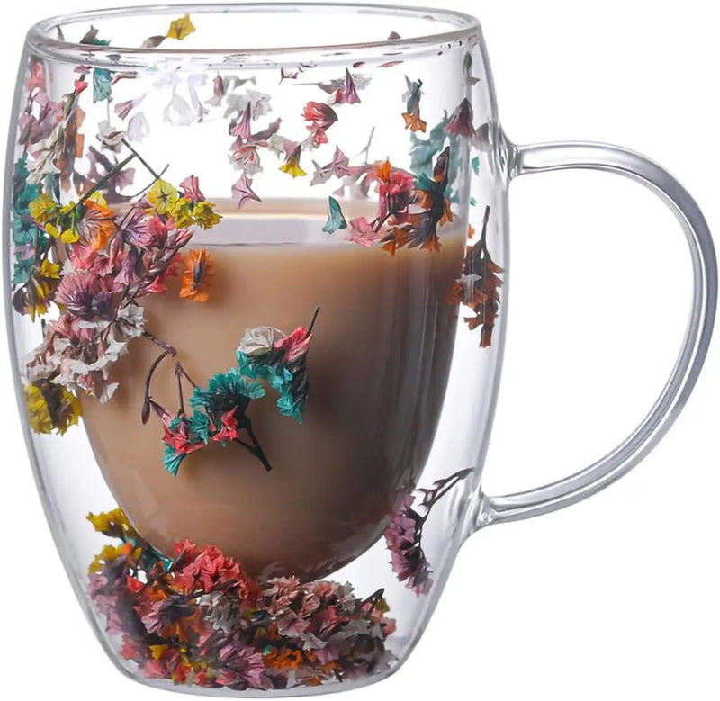 2PCS Double-Layer Glass Cup  Dry Flower Coffee Mugs Coffee Juice Milk Beer Wine Whiskey Glasses Cups