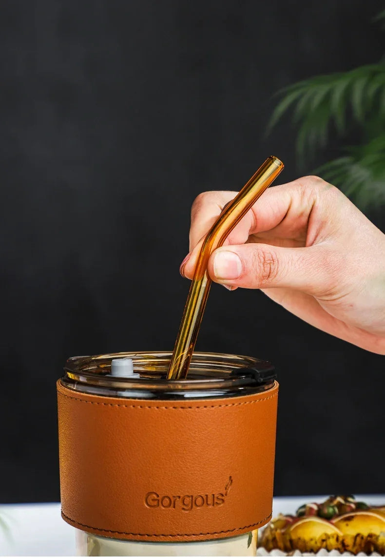 380Ml Glass Straw Cup with Insulation Cover  Coffee Tea Juice Straw Water Cup 