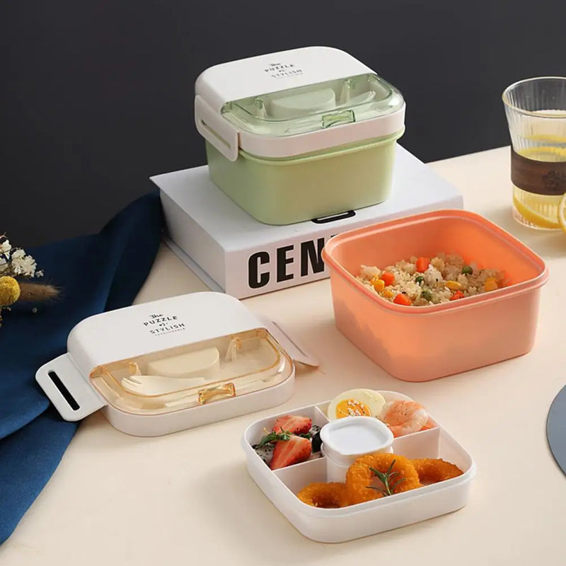 1100Ml Lunch Box with Spoon Fork Double Layer Buckle Closure Thermal Insulation Cold Preservation Compartment Bento Box