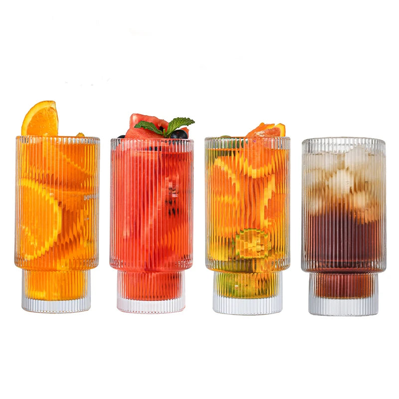 350Ml Vintage Glass Cups with Bamboo Lids and Straws  Ribbed Cocktail Glasses 