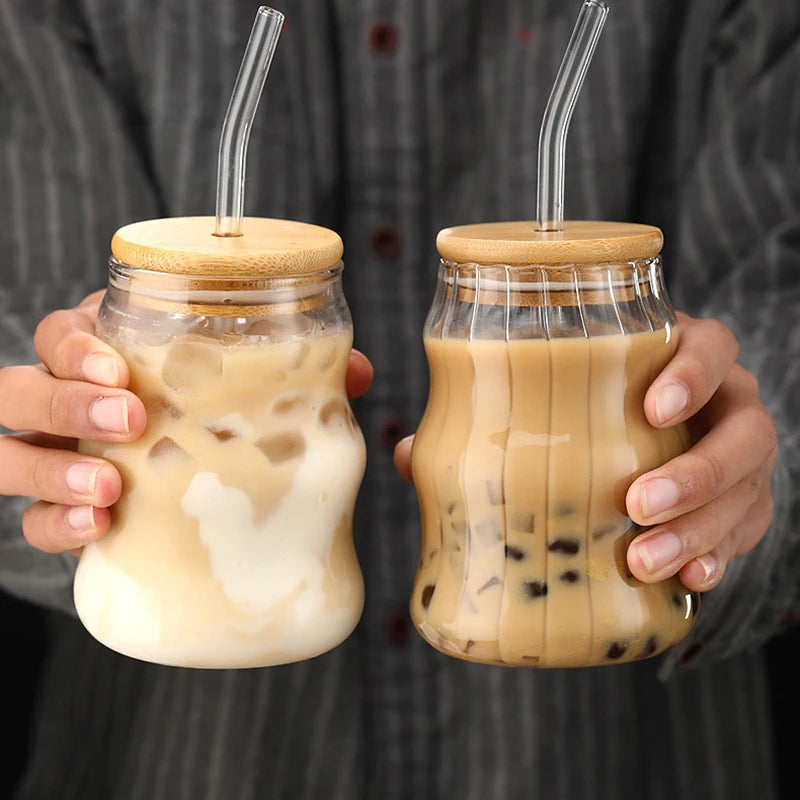 1/2Pcs 500Ml Glass Tumblers Cups with Straw Mason Jar Clear Juice Coffee Milk Cup with Bamboo Lids 