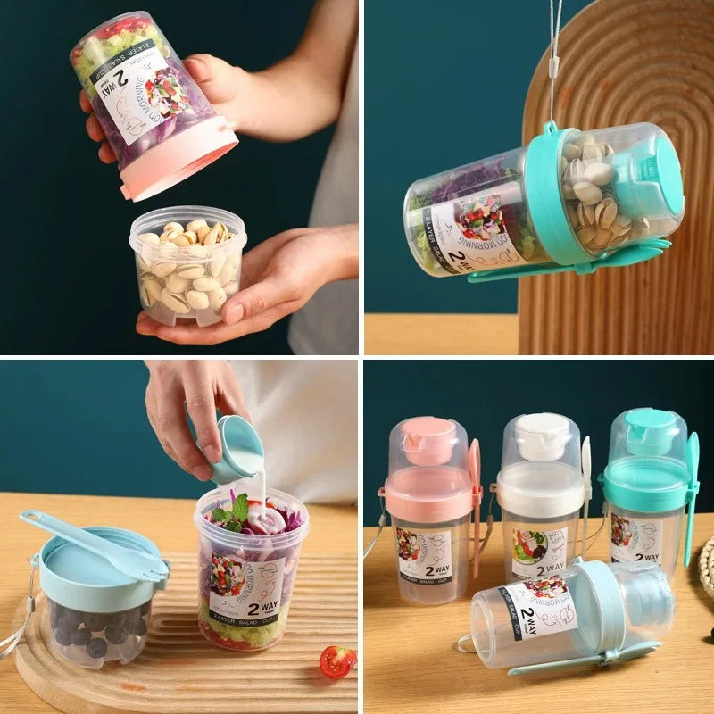 Breakfast Fruit Oat Yogurt Salad Cup with Lid Spoon Two Layer Food Storage Portable Fitness Weight Reducing Food Storage Cup