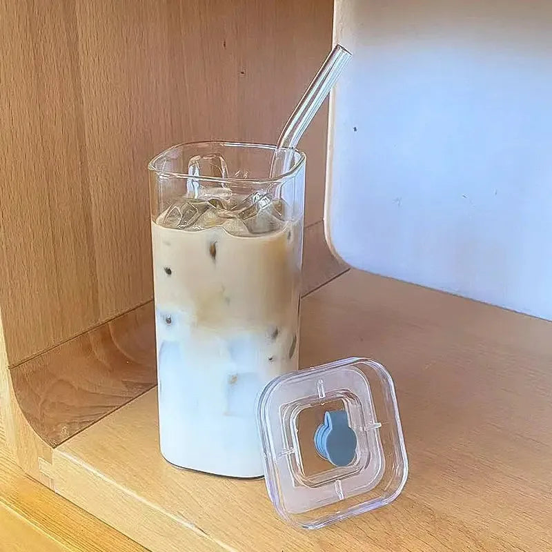 Square Heat Resistant Coffee Glass Cup with Lid and Straw Transparent Milk Tea Juice Cups Coffee Mug