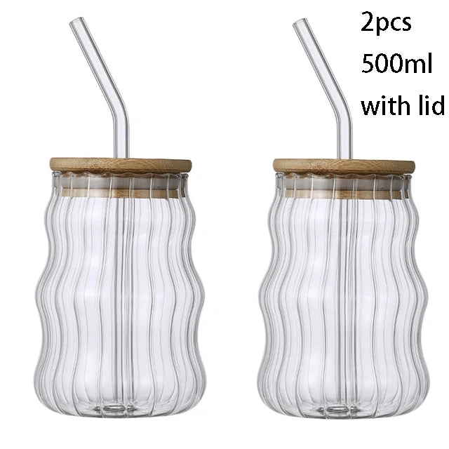 1/2Pcs 500Ml Glass Tumblers Cups with Straw Mason Jar Clear Juice Coffee Milk Cup with Bamboo Lids 