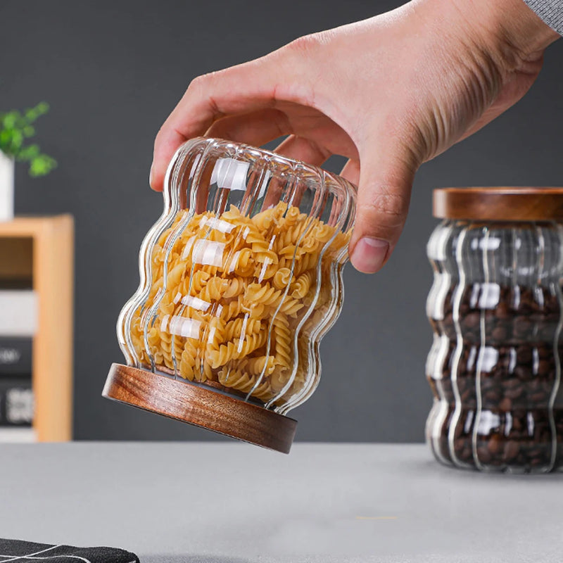 Kitchen Glass Storage Jar Glass Container Wooden Lid Sealed Candy Food Jar Container Bottle Coffee Bean Pasta Grain Oatmeal Jar