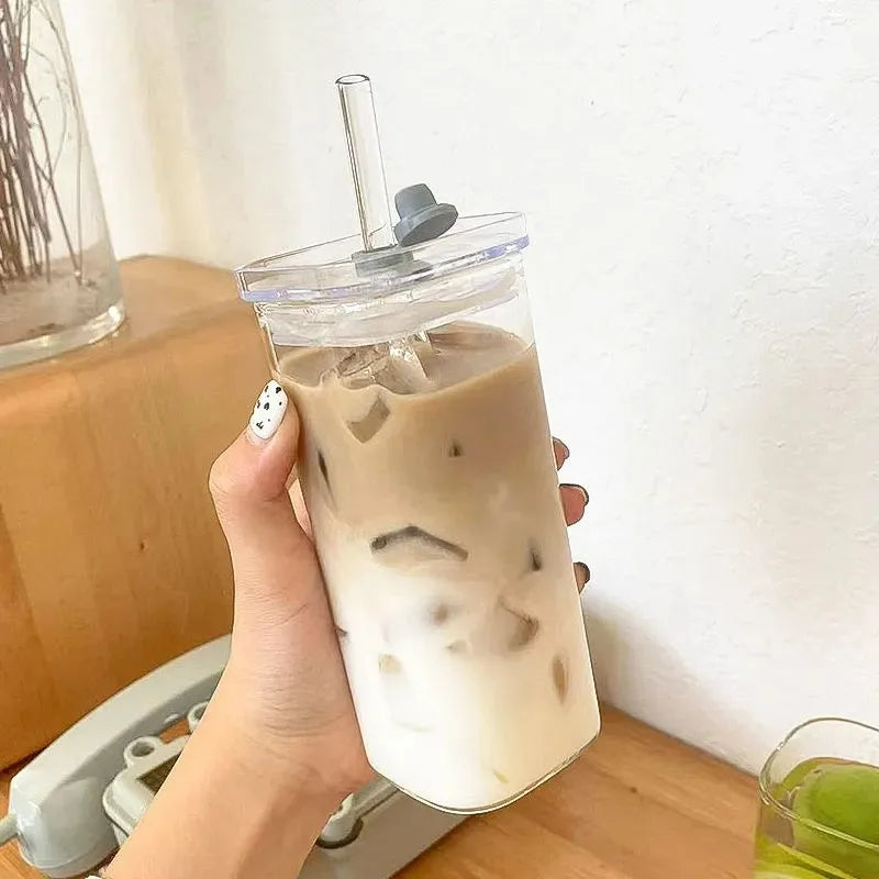 Square Heat Resistant Coffee Glass Cup with Lid and Straw Transparent Milk Tea Juice Cups Coffee Mug