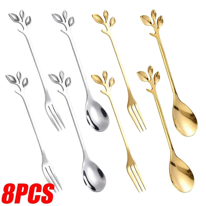 4/8Pcs Leaves Coffee Spoons Creative Stainless Steel Dessert Ice Cream Scoop Coffee Tea Stirring Spoon