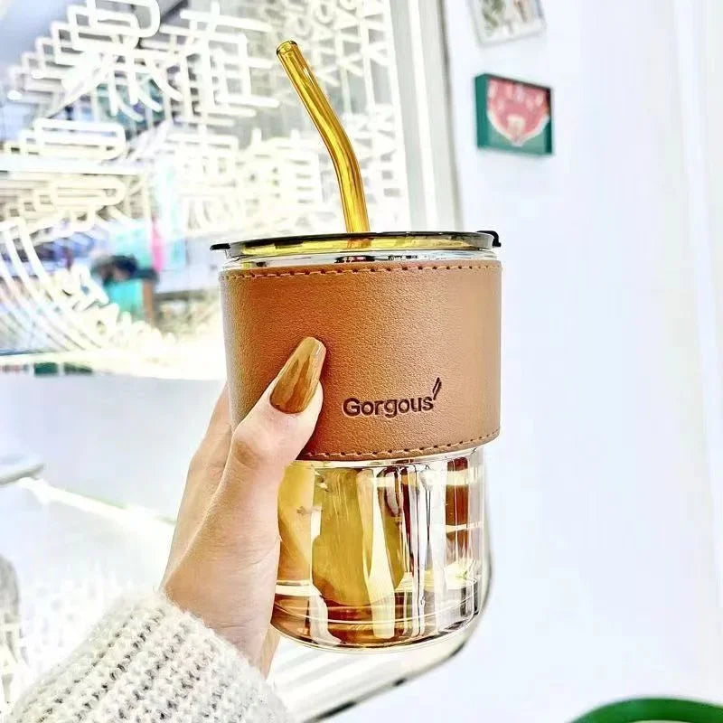 380Ml Glass Straw Cup with Insulation Cover  Coffee Tea Juice Straw Water Cup 