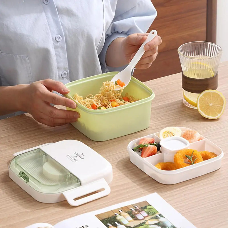 1100Ml Lunch Box with Spoon Fork Double Layer Buckle Closure Thermal Insulation Cold Preservation Compartment Bento Box