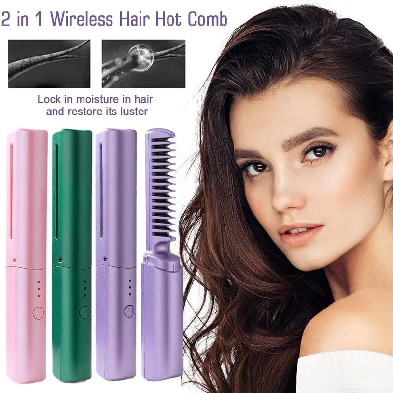 2 in 1 Wireless Hair Hot Comb Mini Usb Charging Straightener Portable Hair Styling Comb