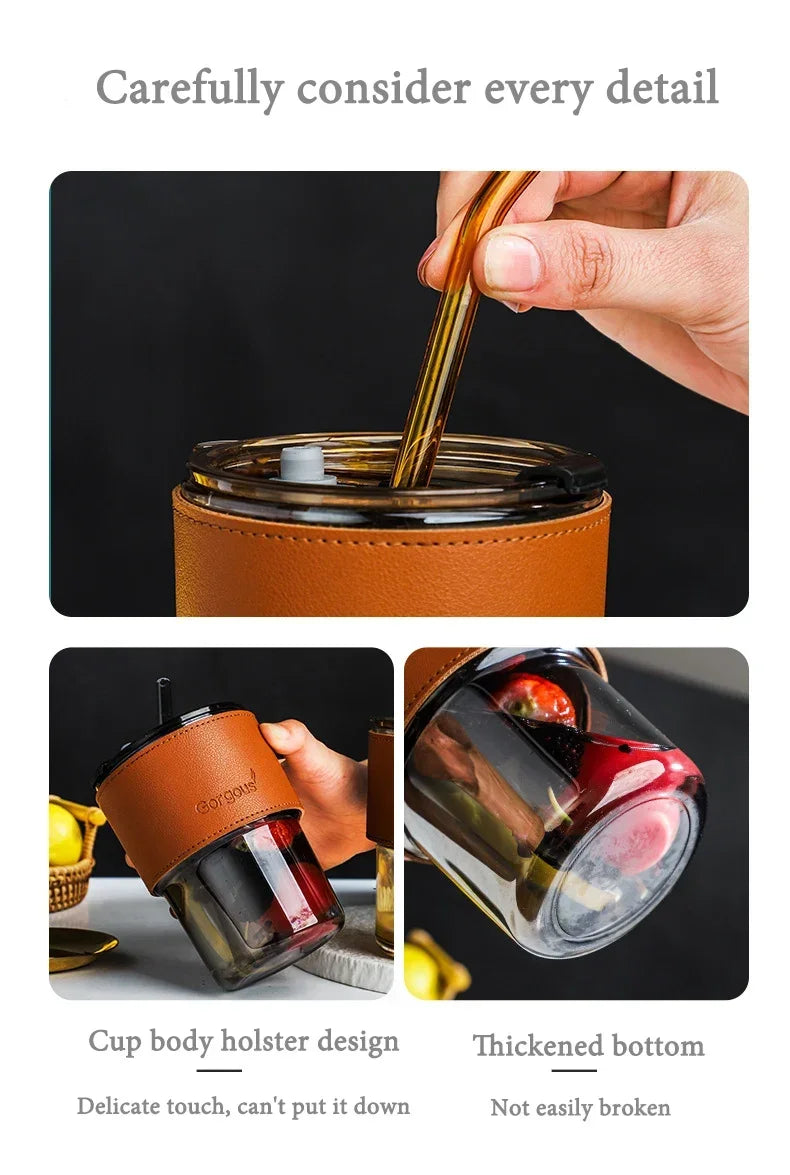 380Ml Glass Straw Cup with Insulation Cover  Coffee Tea Juice Straw Water Cup 