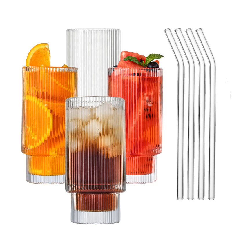 350Ml Vintage Glass Cups with Bamboo Lids and Straws  Ribbed Cocktail Glasses 