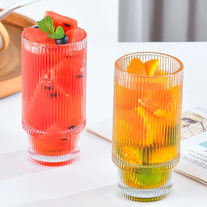 350Ml Vintage Glass Cups with Bamboo Lids and Straws  Ribbed Cocktail Glasses 