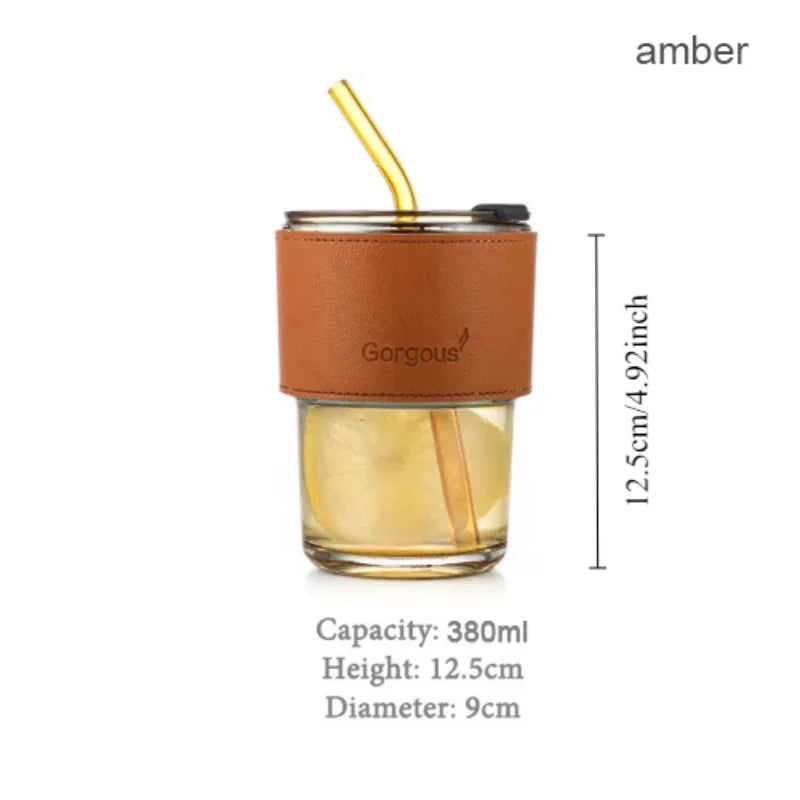 380Ml Glass Straw Cup with Insulation Cover  Coffee Tea Juice Straw Water Cup 