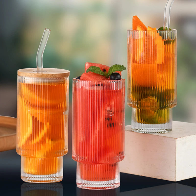 350Ml Vintage Glass Cups with Bamboo Lids and Straws  Ribbed Cocktail Glasses 