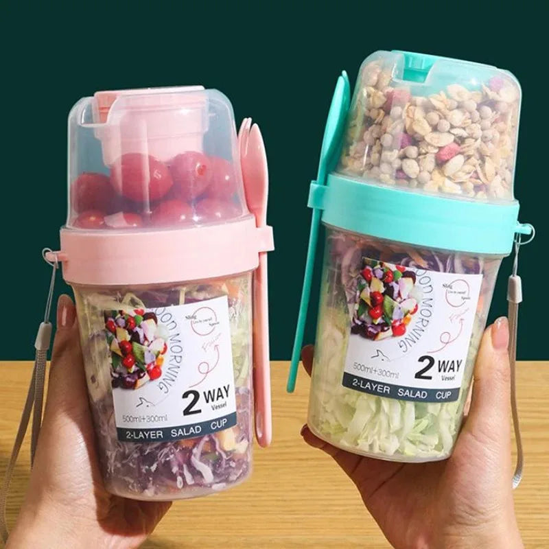 Breakfast Fruit Oat Yogurt Salad Cup with Lid Spoon Two Layer Food Storage Portable Fitness Weight Reducing Food Storage Cup