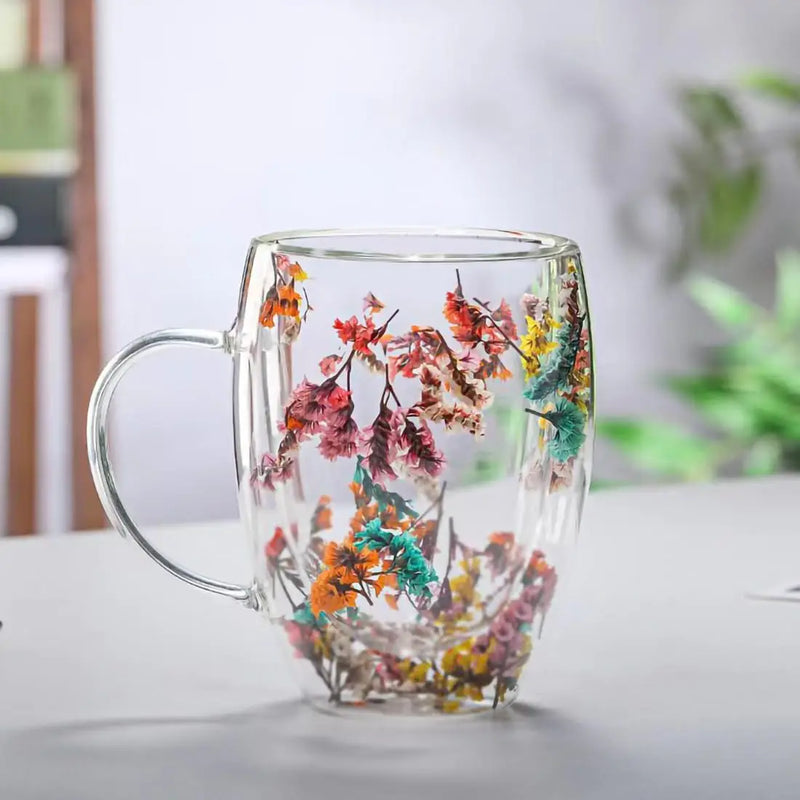 2PCS Double-Layer Glass Cup  Dry Flower Coffee Mugs Coffee Juice Milk Beer Wine Whiskey Glasses Cups