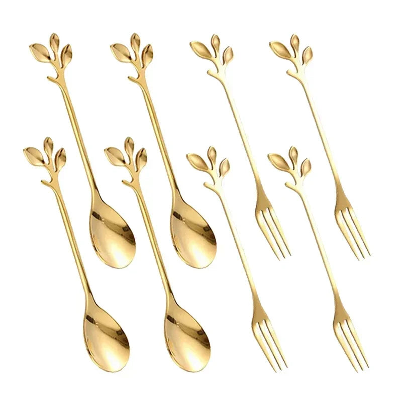 4/8Pcs Leaves Coffee Spoons Creative Stainless Steel Dessert Ice Cream Scoop Coffee Tea Stirring Spoon