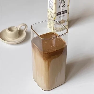 Square Heat Resistant Coffee Glass Cup with Lid and Straw Transparent Milk Tea Juice Cups Coffee Mug